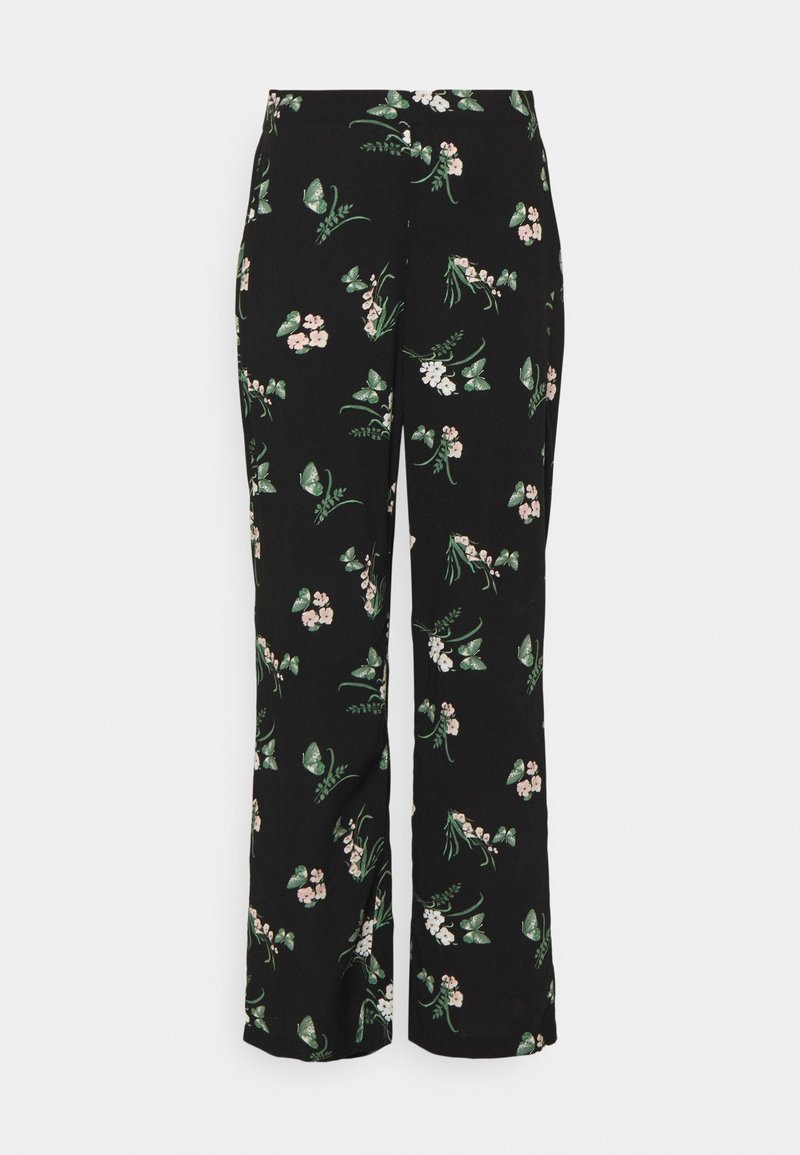 Pantalons noirs avec un motif floral comprenant des feuilles vertes et des fleurs roses. Fabriqués à partir d'un matériau doux, ils ont une coupe droite.