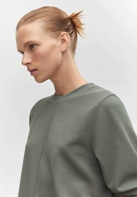 Lichtgroene sweatshirt van een gestructureerde, ribbelstof; heeft een ronde halslijn en subtiele naaddetails, casual gestyled tegen een neutrale achtergrond.
