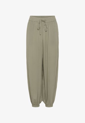 Loszittende olijfgroene broek met elastische tailleband, trekkoord en elastische boorden aan de enkels.