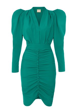 Turkusowa sukienka z długim rękawem, z głębokim dekoltem w kształcie litery V, marszczonym materiałem, drapowanym przodem oraz dekoracyjnymi guzikami rozmieszczonymi pionowo wzdłuż środka.