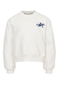 Witte cropped sweatshirt met ronde hals, geribbelde boorden en een geborduurd "California" ontwerp in blauw, groen en zwarte accenten.