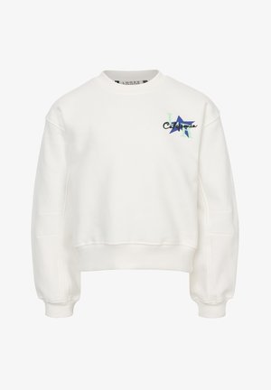 Witte cropped sweatshirt met ronde hals, geribbelde boorden en een geborduurd "California" ontwerp in blauw, groen en zwarte accenten.