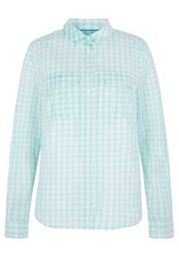 Light blue and white checked button-up shirt with long sleeves, featuring two front pockets and a classic collar. Made from a lightweight fabric.
