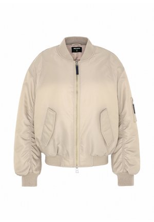Beige bomber jacket with a zipper closure, ribbed cuffs and hem, and two side pockets. Smooth fabric with a slightly padded texture.