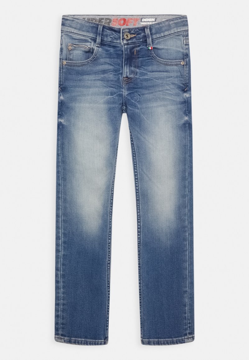 Jean en denim bleu délavé avec poches avant, fermeture par bouton, passants pour ceinture et léger effet froissé sur les cuisses.