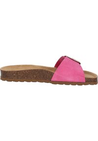 Sandalo slide in suede rosa con suola in sughero, una fascia larga con un accento metallico e una suola in gomma testurizzata.