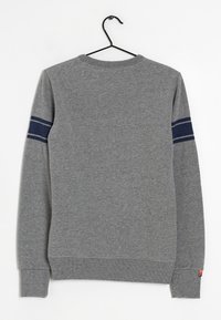 Sudadera gris con cuello redondo, mangas largas y rayas azul marino en los hombros. Puños y dobladillo acanalados con un pequeño detalle de logo en la parte inferior.