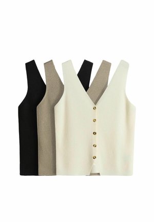 Tre ærmeløse strikkede cardigans i sort, beige og hvid med V-hals og fem knapper foran på den hvide cardigan.