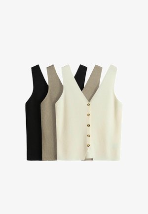 Drei ärmellose gestrickte Cardigans in Schwarz, Beige und Weiß, mit V-Ausschnitt und fünf Knöpfen vorne am weißen Cardigan.