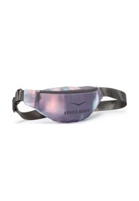 Fanny pack in gradient purple, pink, and blue colors; fabric material with a smooth texture; features "VENICE BEACH" logo and a zipper closure.