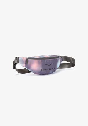 Fanny pack in gradient purple, pink, and blue colors; fabric material with a smooth texture; features "VENICE BEACH" logo and a zipper closure.