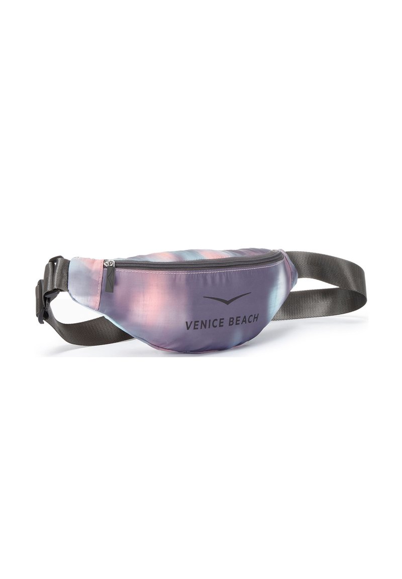 Fanny pack in gradient purple, pink, and blue colors; fabric material with a smooth texture; features "VENICE BEACH" logo and a zipper closure.
