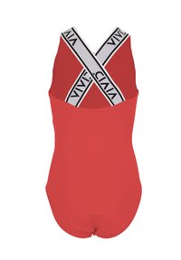 Rotes Einteiler-Badeanzug mit einem Rückenausschnitt im Kreuzdesign. Verfügt über graue Träger mit 'VIVIA'-Markierung. Glatte Textur und figurbetonte Passform.