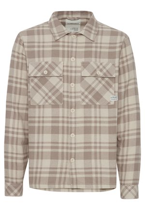 Geruite flanellen overhemd in beige en bruine tinten. Bevat twee borstzakken, een knoopsluiting aan de voorkant en lange mouwen met een puntkraag.