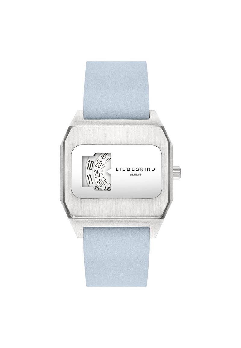 Hellblaue Silikonarmbanduhr mit einem rechteckigen Gehäuse in Silberfarbe, weißem Zifferblatt und freiliegendem Mechanismus. Mit klaren Zahlenmarkierungen.