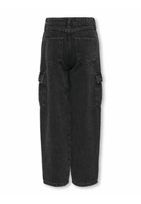 Black denim cargo pants featuring two side pockets, a high waist, and a relaxed fit. The back has two patch pockets with visible stitching.