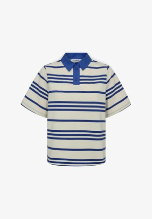 Pruhovaná polokošile s modrým límcem, s alternativními modrými a krémovými horizontálními pruhy. Vyrobena z texturovaného materiálu a má standardní střih.