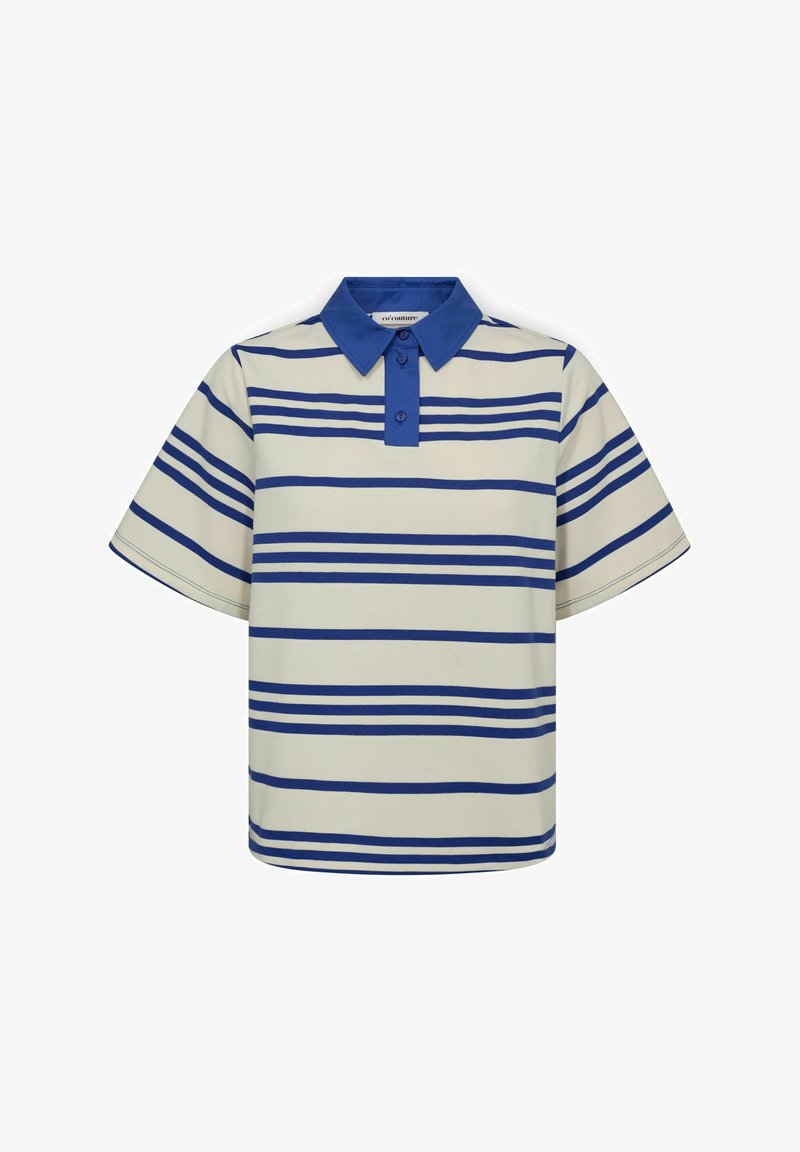 Pruhovaná polokošile s modrým límcem, s alternativními modrými a krémovými horizontálními pruhy. Vyrobena z texturovaného materiálu a má standardní střih.