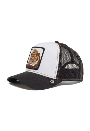 Zwart-wit mesh snapback pet met een geborduurd leeuwenpatch aan de voorkant, voorzien van een gebogen klep en bruine stikselaccenten.