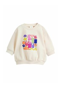 Baby-Sweatshirt in Cremefarbe mit bunten geometrischen Formen, Blumen und drei Hasengesichtern auf der Vorderseite bedruckt.