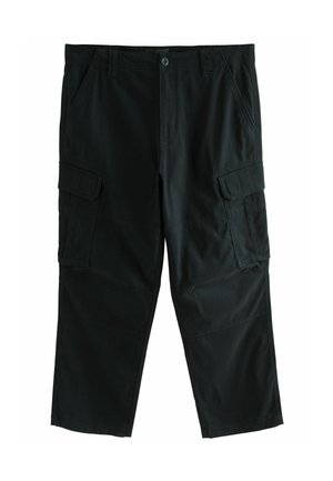 Black cargo pants made from durable fabric. Features include multiple side pockets, a button closure, and a relaxed fit with stitched detailing.