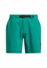 Teal zwemshorts met een riem, een vlakke voorkant, zijzakken en zwarte hardware accenten. Zachte stof met contrasterende stikdetails.