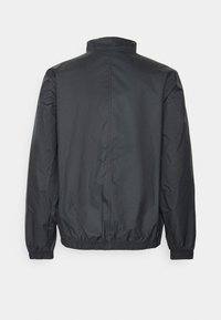 Zwarte bomberjack met een opstaande kraag, elastische manchetten en een tailleband. Gemaakt van glad, lichtgewicht materiaal zonder zichtbare sluitingen.