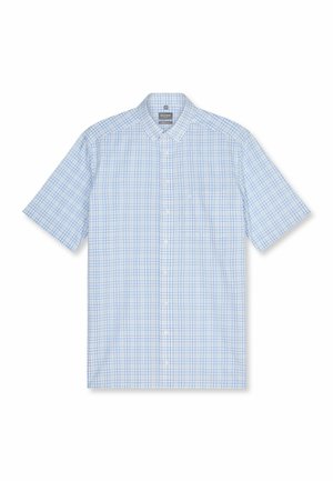 Kurzärmeliges Hemd zum Knöpfen mit blau-weiß kariertem Muster, Kragen und linker Brusttasche vorne.