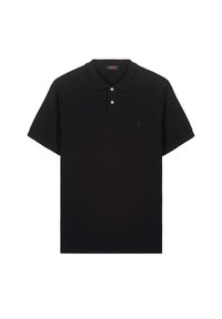 Polo shirt nera in cotone, con colletto classico, pattina con due bottoni e un piccolo logo sul petto. Maniche corte e colore uniforme.