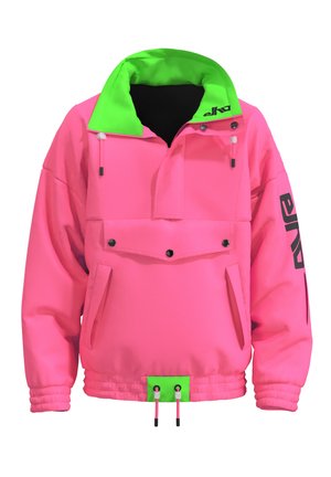 Roze waterdichte jas met een groene kraag, voorzak en verstelbaar koord in de taille. Voorzien van zwarte accenten en branding.