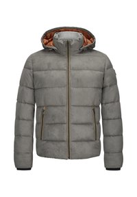 Graue Puffjacke mit strukturierter Oberfläche, mit Reißverschluss vorne und zwei seitlichen Taschen. Ziert eine orange gefütterte Kapuze und Bündchen.