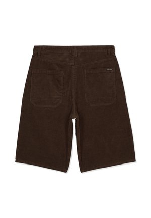 Pantaloncini di velluto a coste marrone scuro con due tasche posteriori, passanti per cintura e una piccola etichetta del marchio sulla tasca destra.