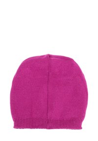 Berretto di lana rosa, forma arrotondata, tessuto morbido, con risvolto a costine alla base e parte superiore senza cuciture. Adatto per il freddo.