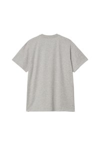 Camiseta gris de manga corta con cuello redondo, hecha de suave tela de algodón, que presenta un corte holgado y una textura suave. Se muestra la vista posterior.