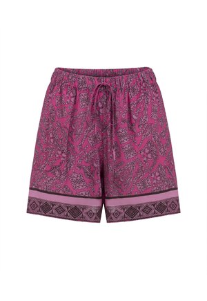 Short rose avec motifs floraux et géométriques noirs, taille élastique et cordon avant pour ajustement.