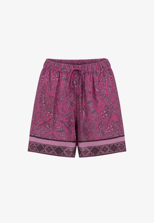 Pinke Shorts mit schwarzen Blumen- und geometrischen Mustern, elastischem Bund und vorderer Kordel zum Verstellen.