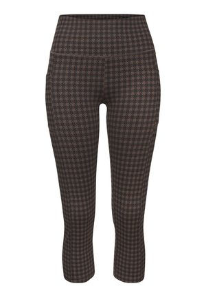 Brown houndstooth-patterned capri leggings with a high waistband, featuring a smooth texture and fitted design. Suitable for active wear.