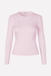 Maglietta aderente a maniche lunghe di colore rosa realizzata in tessuto a coste con scollatura rotonda. Texture liscia, design elasticizzato e cuciture minime per il massimo comfort.