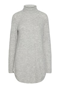 Jasnoszary sweter z golfem wykonany z miękkiej dzianiny, z długimi rękawami i lekko wydłużonym tylnym dołem dla dodatkowego zakrycia.