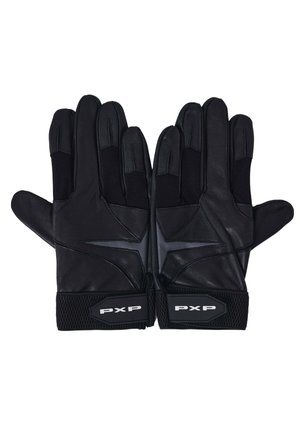 Set zwarte beschermingshandschoenen met getextureerde handpalmen, versterkte naden en verstelbare polsbandjes met label "PXP", plat neergelegd, vingers gespreid.