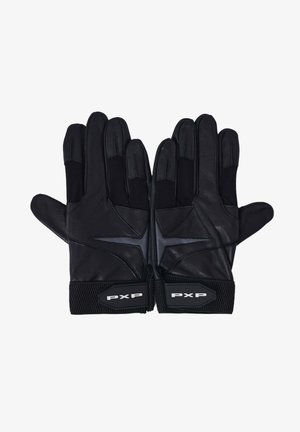 Coppia di guanti protettivi neri con palmi testurizzati, cuciture rinforzate e cinturini regolabili per il polso etichettati "PXP", distesi con le dita estese.