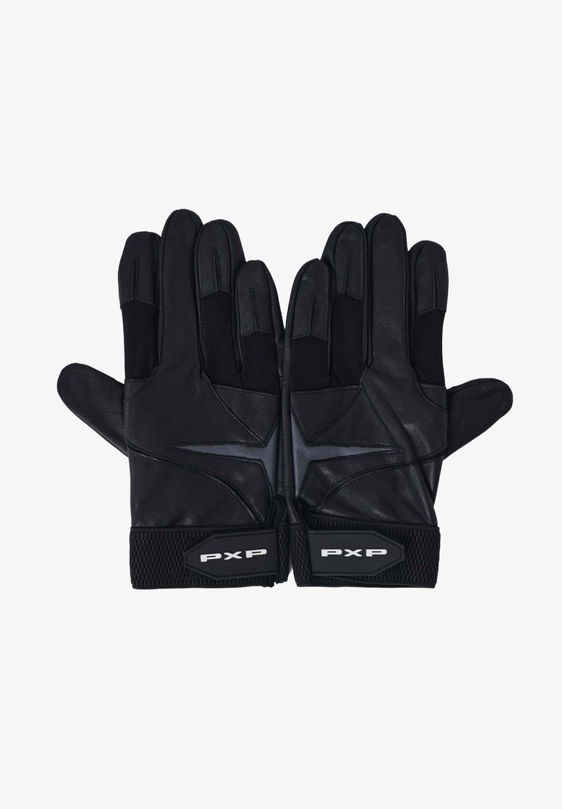 Paire de gants de protection noirs avec paumes texturées, coutures renforcées et sangles de poignet réglables étiquetées « PXP », posés à plat, doigts étendus.