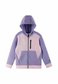 Giacca con cappuccio viola e rosa chiaro, con zip anteriore, caratterizzata da pannelli a contrasto, una piccola tasca con zip e due tasche laterali.