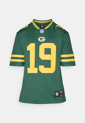 Vihreä NFL-paita, jossa on keltaiset yksityiskohdat ja hartiaraidat. Edessä on numero 19 ja logo. Valmistettu hengittävästä, tekstuuripinnasta.