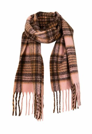 Écharpe en laine douce à motif à carreaux rose, marron et orange avec des franges aux extrémités, pliée et drapée de manière lâche.