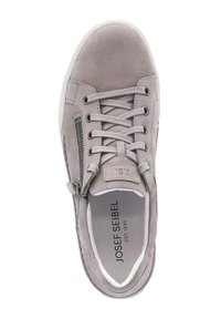Light gray leather sneaker with round toe, lace-up front, side zipper, and textured rubber sole. Features a branded insole.