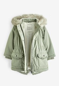 Parka căptușit în verde deschis, cu guler din blană artificială, deschidere cu fermoar în față, talie elastică și buzunare dună frunza. Căptușit cu un material moale.