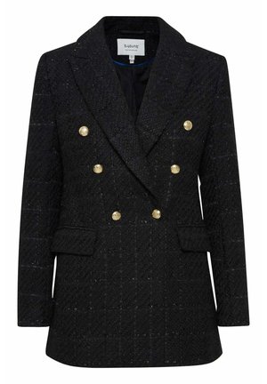 Veste noire texturée à double boutonnage avec larges revers et six boutons dorés, dotée de deux poches à rabat à l’avant.