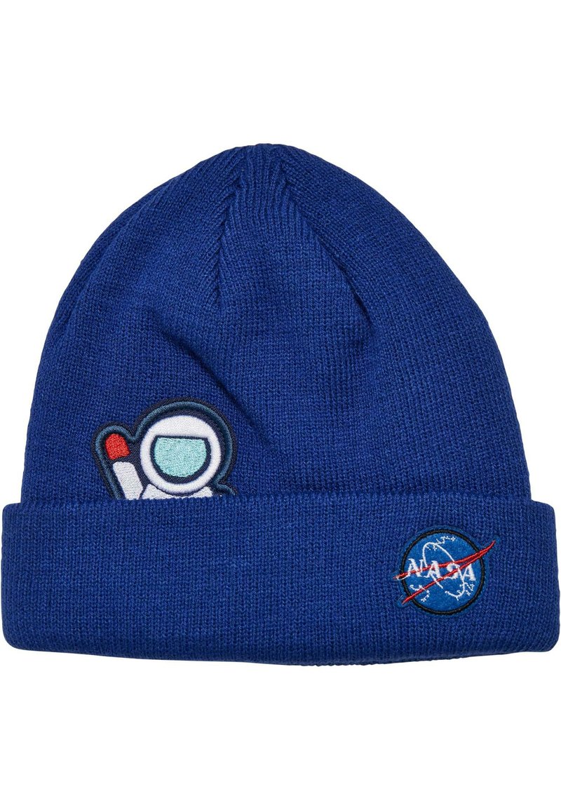 Cappello azzurro a maglia con un astronauta ricamato e il logo NASA. Il tessuto è liscio, con un design a risvolto e una media elasticità.