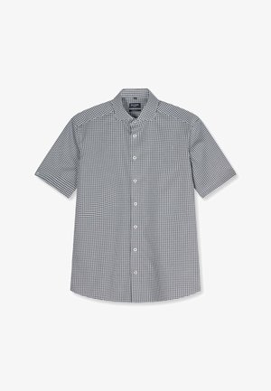 Kurzärmeliges Hemd mit Knopfleiste, kleinem schwarz-weißem geometrischem Muster und klassischem Kragen, flach auf weißem Hintergrund ausgelegt.